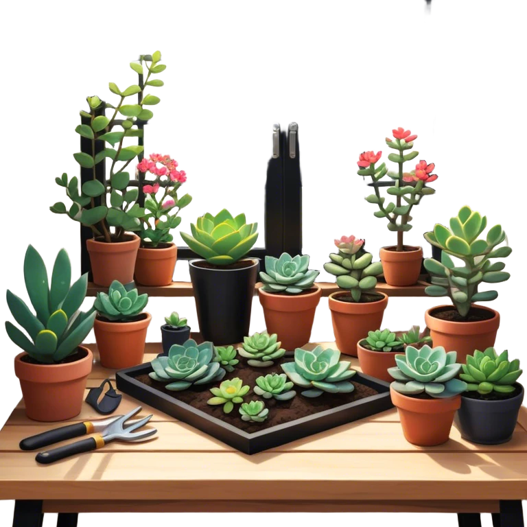Close-up of a potted sapling with vibrant flowering plants around it, in rich soil. Sunlight filters through the window, casting soft shadows. Cozy indoor garden with blooming flowers, succulents, and gardening tools placed neatly on a wooden table. emoji