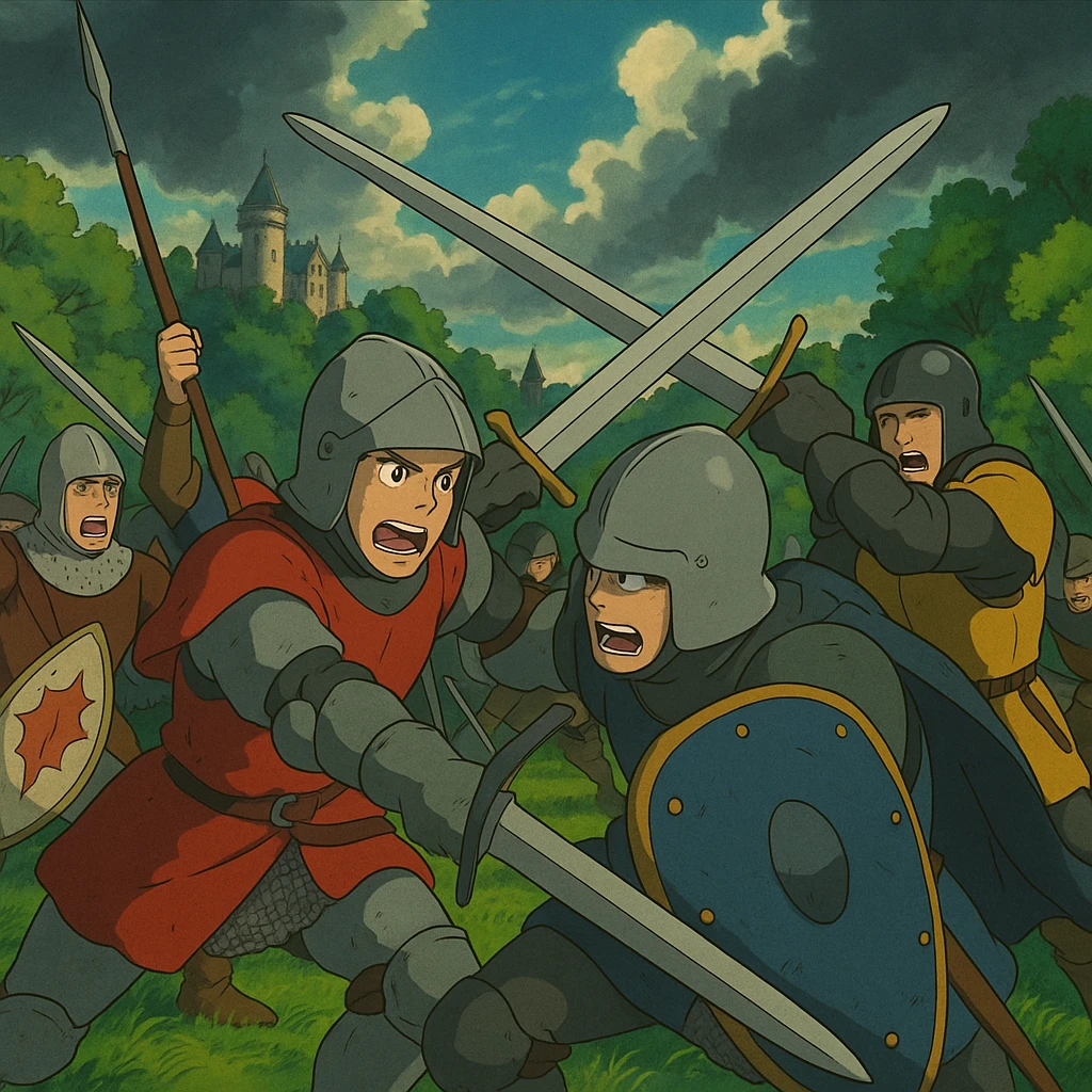combat médiéval, cavaliers et piétons, ambiance dramatique, style ghibli emoji
