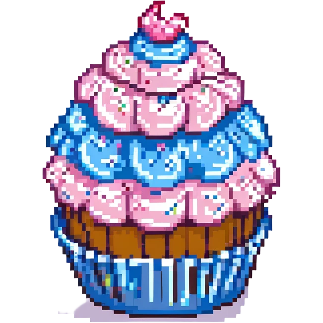 pixel art cupcake with pink icing and a blue wrapper emoji
