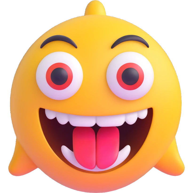 crazy emoji with silly expression, eyes looking in different directions, big open mouth, shiny and colorful, front facing emoji