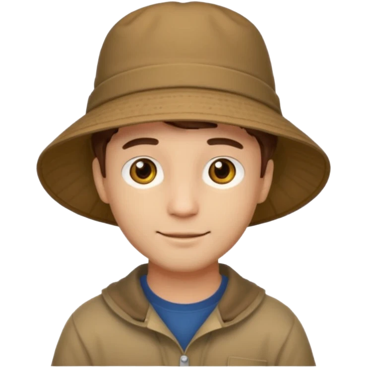 A light-skinned man with short brown hair, golden-brown eyes, and a soft smile, wearing a wide-brimmed brown bucket hat. emoji
