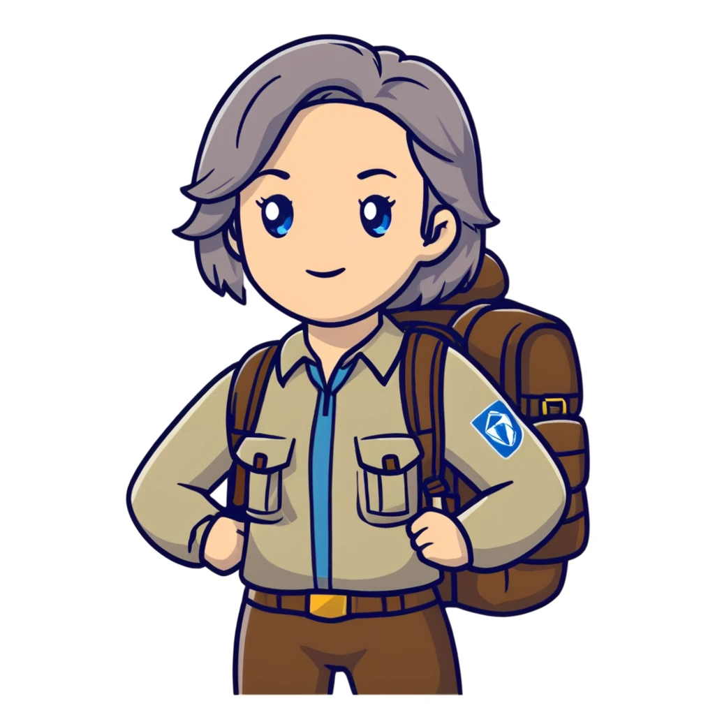 white woman park ranger with blue eyes, brown and gray hair, wearing a backpack, standing in a nature background emoji