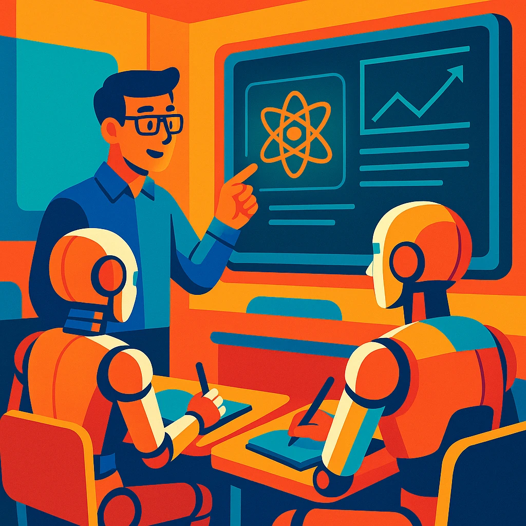 A futuristic classroom scene with a human teacher pointing at a holographic blackboard while androids take notes emoji