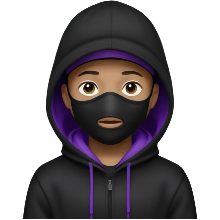 Cartoon blacked character related to a shadow, with all black clothes, focusing a hoodie with his cap on and a black facemask, no visible face because of the darkness, just his purple shadow eyes making a light bloom emoji