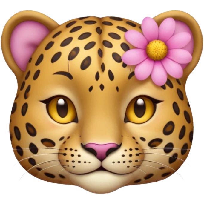 A cutE leopard face with eyes closed and a peaceful smile. A pink flower with a yellow center is tucked behind its right ear, adding a charming and gentle touch.  emoji