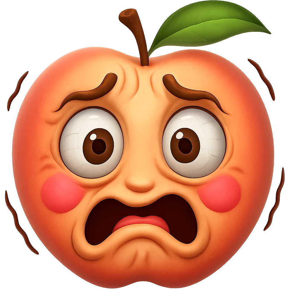 Make the face much more expressive, with exaggerated trembling features and wide eyes, while keeping the hybrid peach and shaking face emoji style. Keep the background transparent. emoji