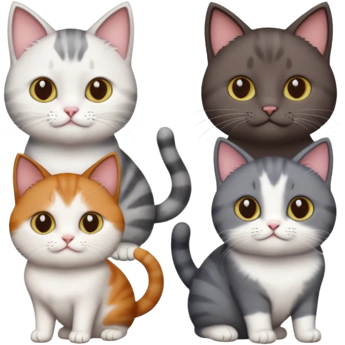 4 different coloured short haired cats including; a dark brown and white cat, and a dark grey and white  emoji