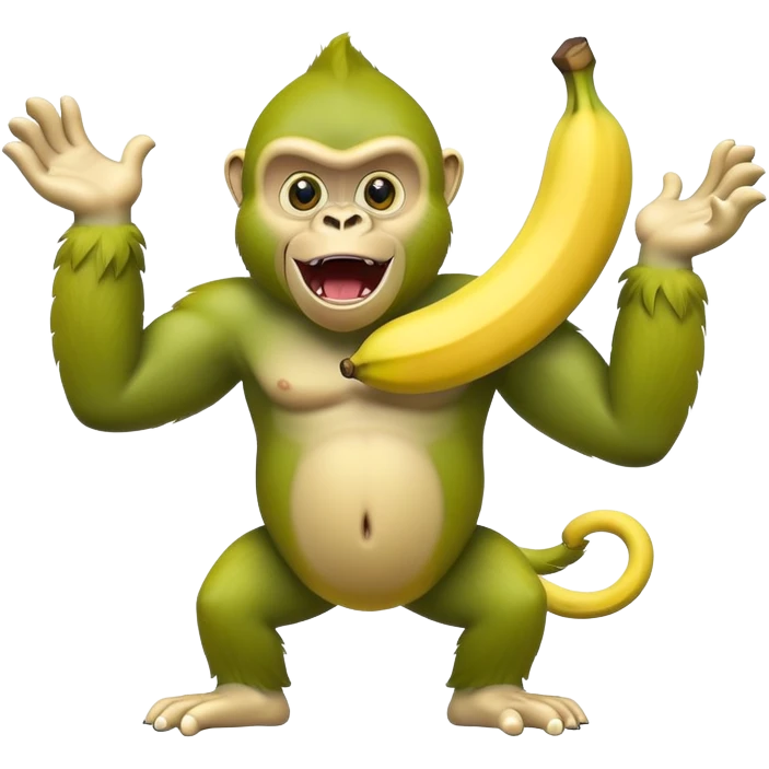 A yellow banana with arms and legs and a green gorilla head with expressive eyes emoji