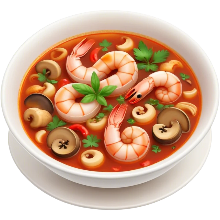 Cinematic Realistic Tom Yam Kung Soup Dish Emoji, showcasing a spicy, sour shrimp soup with herbs and mushrooms rendered with lifelike textures and bold, dynamic lighting. emoji