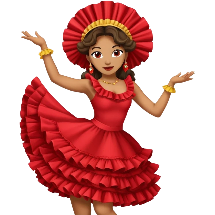 Female Colombian salsa dancer with ruffle dress, traditional Colombian headpiece, mid-dance move emoji