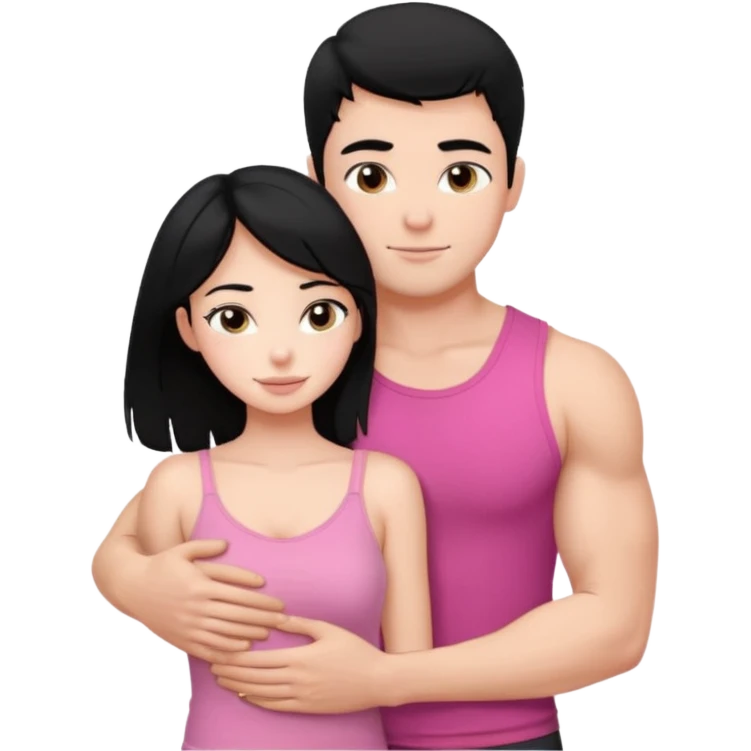 a pretty bratz fair girl. black hair, wearing a pink cami top hugging a handsome fair guy with black hair. lean but muscular who is wearing a black tshirt emoji