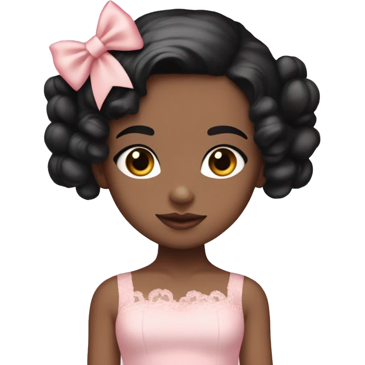 Pale girl with jet black hair , baby pink blush on the cheeks wearing a pink dantelle dress and has a bow ontop of her head  emoji
