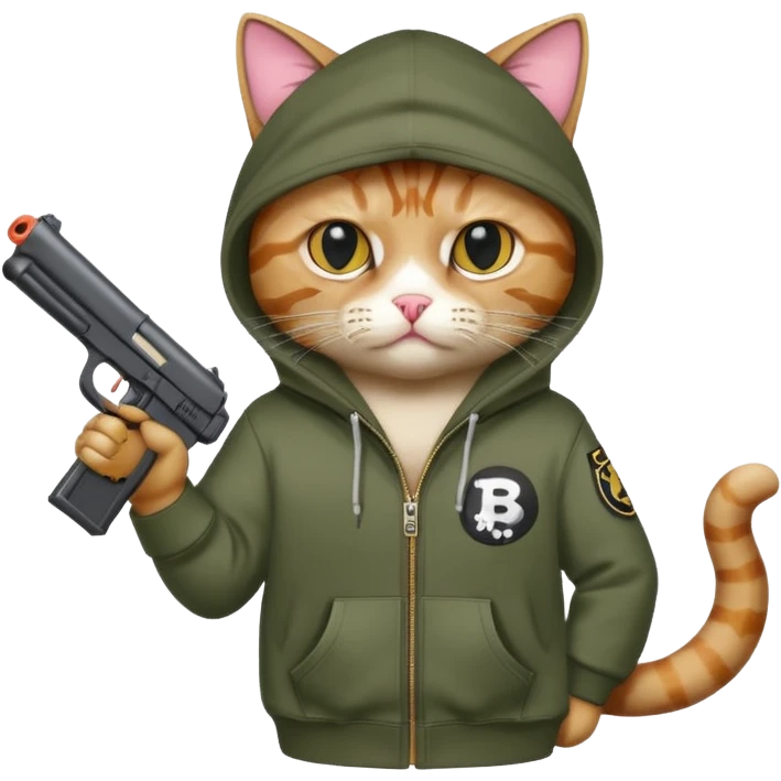 A gangster cat wearing a bape hoodie with a BB gun emoji