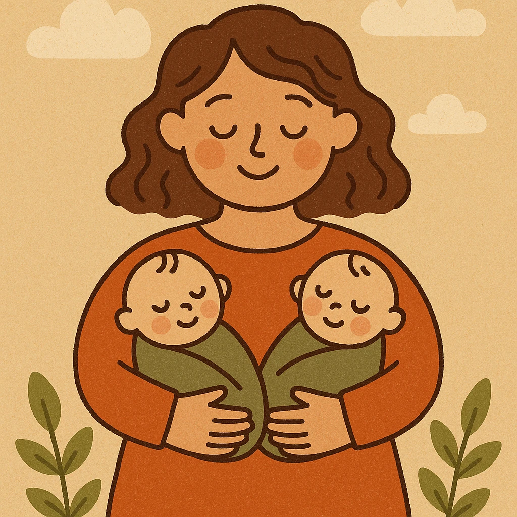 illustration of a mother holding two babies in her arms, soft lines, simple vector graphics, expressive faces, warm color palette, non-realistic drawn style with cartoonish but detailed features, soft shadows and highlights, cozy and loving atmosphere emoji