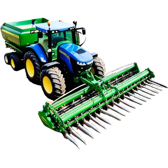 Bourgault 3420 Paralink Hoe Drill (2022) – Cinematic-realistic John Deere 6155M tractor hauling a Bourgault 3420 Paralink Hoe Drill, its powerful green frame pulling the vast blue seeder across endless fields. The machine plants seeds with pinpoint accuracy, leaving precise rows in the rich brown soil,  emoji