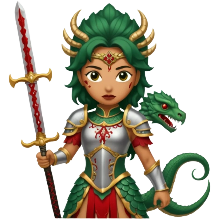 Fierce Latina in armor with a sword after a battle cutting off the head of a hydra emoji