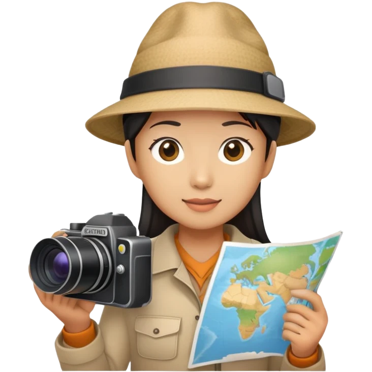 Asian tourist with camera and map, wearing hat emoji