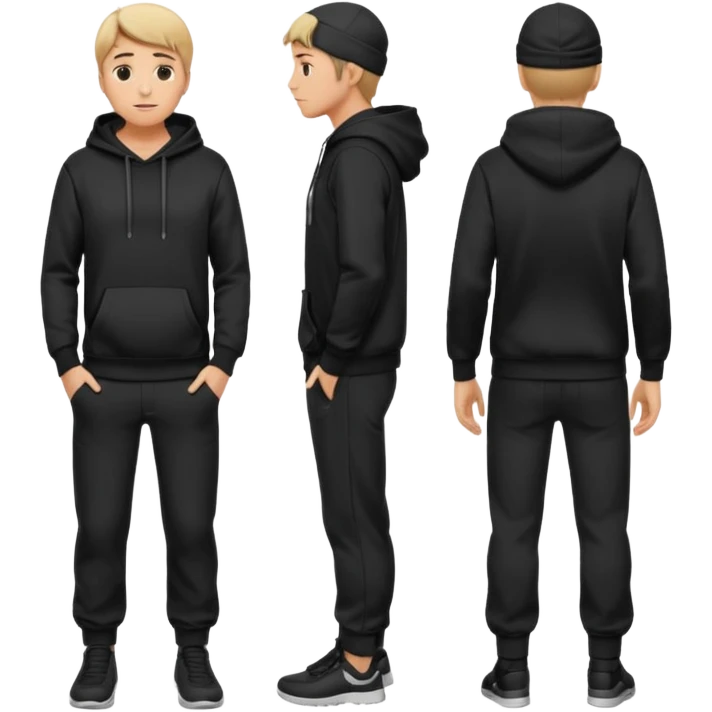 fullbody caucasian man in black hoodie on head, hands in his pockets and black pants rear backview emoji