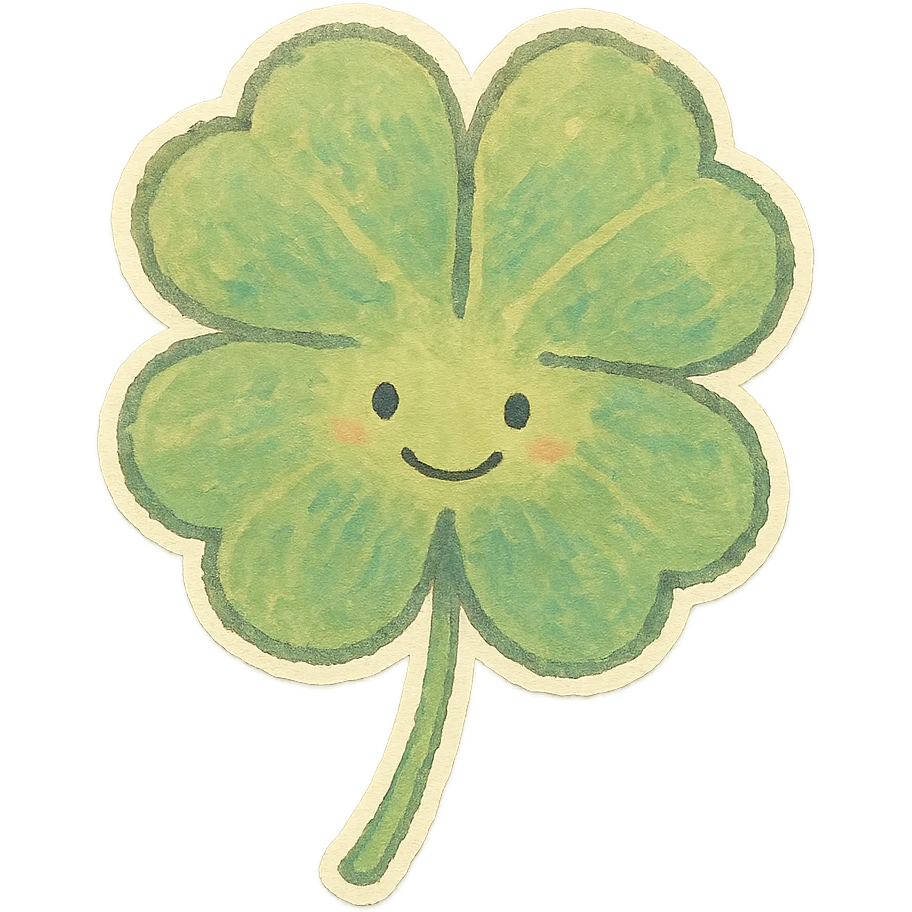four-leaf clover, pastel Japanese hand-drawn sticker style, full object, transparent background, with a gentle smile emoji