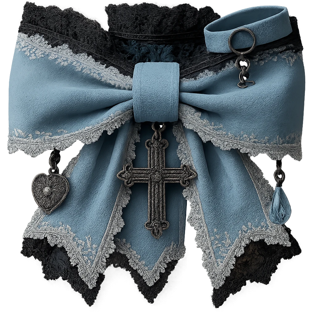 Make the gothic bow and accessories pastel blue, keep lace and velvet details, photorealistic style, keep background transparent. emoji