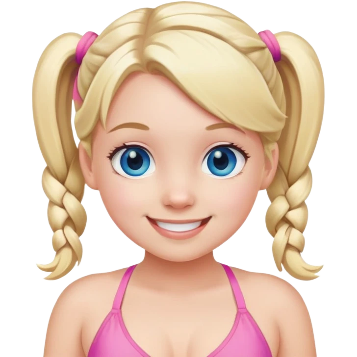 Blonde girl with pigtails, blue eyes, wearing a pink bikini, smiling emoji