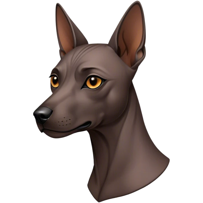 Cinematic Noble Xoloitzcuintle dog Portrait Emoji, Poised and regal, with a sleek, muscular build and smooth, hairless ebony skin accented by subtle wrinkles, deep-set soulful dark eyes, Simplified yet sharp and sophisticated features, highly detailed, glowing with a soft, dignified glow, high shine, intelligent and loyal, stylized with an air of ancient grace, focused and attentive, soft glowing outline, capturing the essence of a watchful and confident guardian, so majestic it feels as though it could stride out of the screen with effortless authority! emoji