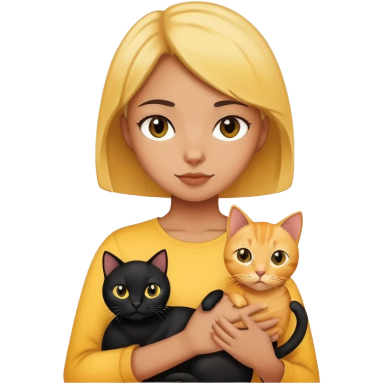 The girl is holding a black cat, a yellow shorthair cat  emoji