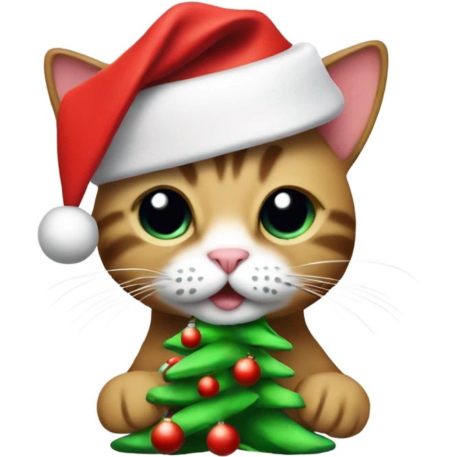 Cat wearing Santa hat holding a Christmas tree emoji
