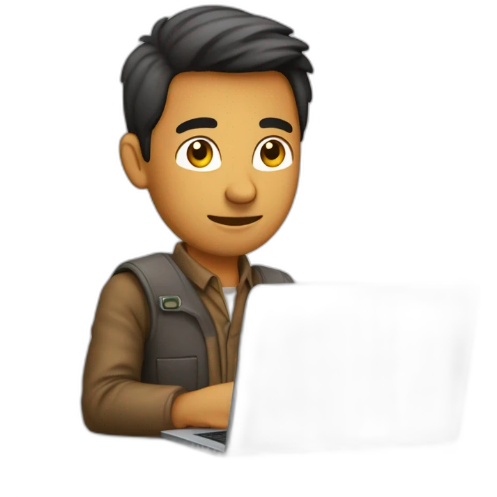 hombre joven castaño trabajando en su laptop de frente emoji