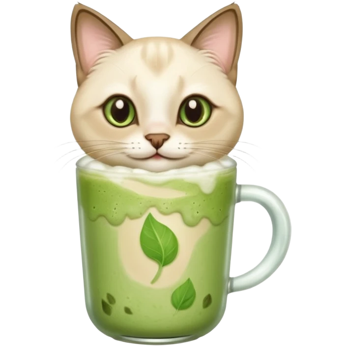 Happy Siamese Cat holding in its paws an iced matcha latte emoji