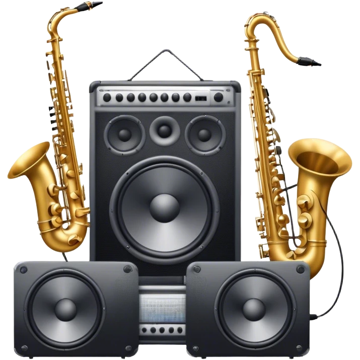 Icon for R&B Music Listening: large concert speakers and headphones with waves of musical notes coming out, along with drums, bass guitar and saxophone. The icon should convey the energetic and rhythmic vibe of R&B music. Transparent background emoji