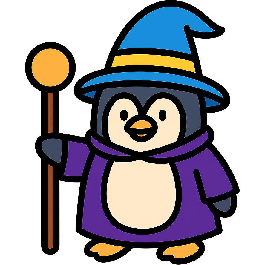 penguin wizard holding a staff, wearing a wizard hat, colored icon with black outlines emoji