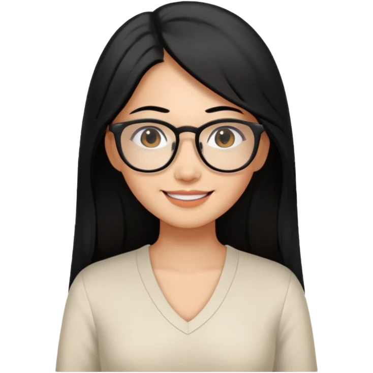 medium tan asian woman with long black hair past middle of back, round brown eyes, white v neck blouse. she has black thick frame rectangular glasses on and smilling emoji