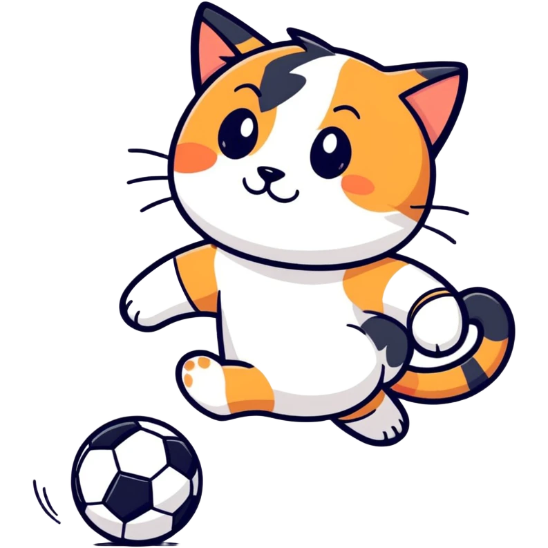Calico cat with black nose playing soccer emoji