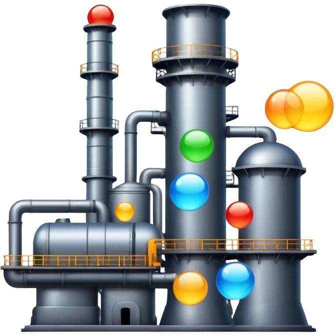 An emoji of a factory, but instead of smoke, creative ideas are coming out as glowing bubbles. emoji