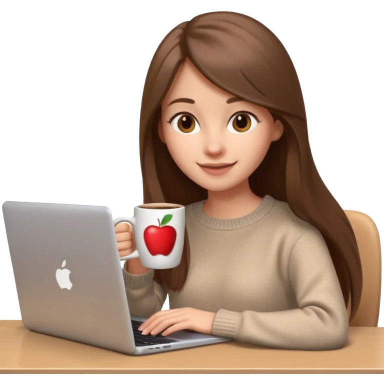 young woman, 20 years old, long straight brown hair, wearing a sweater, coffee mug beside laptop, cheerful, 3D Apple emoji style emoji