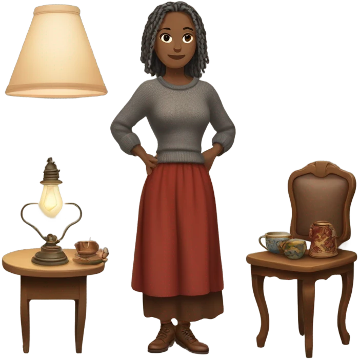 1st fair woman with gray locs, wearing pants , 2nd woman is brown with red locs, dressed in a knee-length dress with a cozy sweater, looking at antique items, such as a vintage lamp or an old teacup, with a table full of trinkets in the background emoji