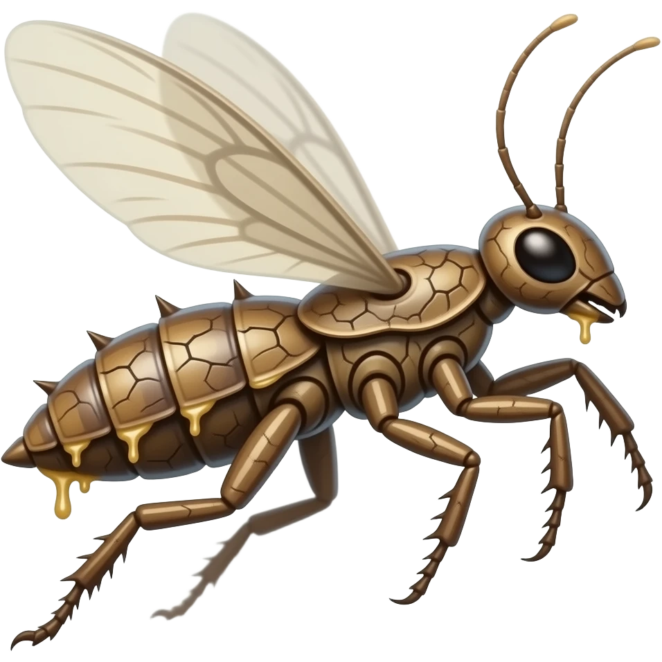 A flying forest Walkingsticks crawler with sticky sap running through cracks in its bark-like body. it's made of bark but has a shell on its back, it has spikes and runs fast with all its limbs. It's full of petal markings, and looks like a Walkingstick insect with a bark body. emoji