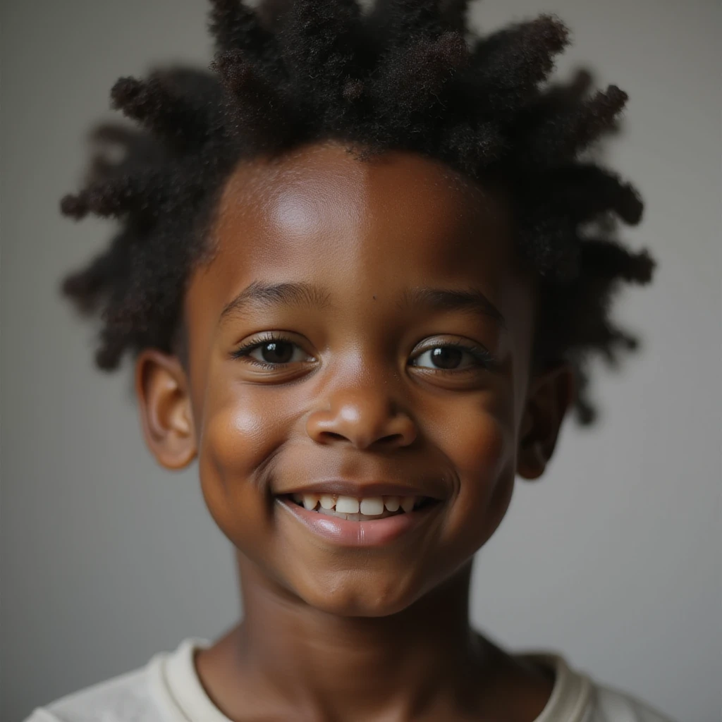 a young black boy, realistic, gentle smile, natural skin tone, lifelike details, detailed face emoji
