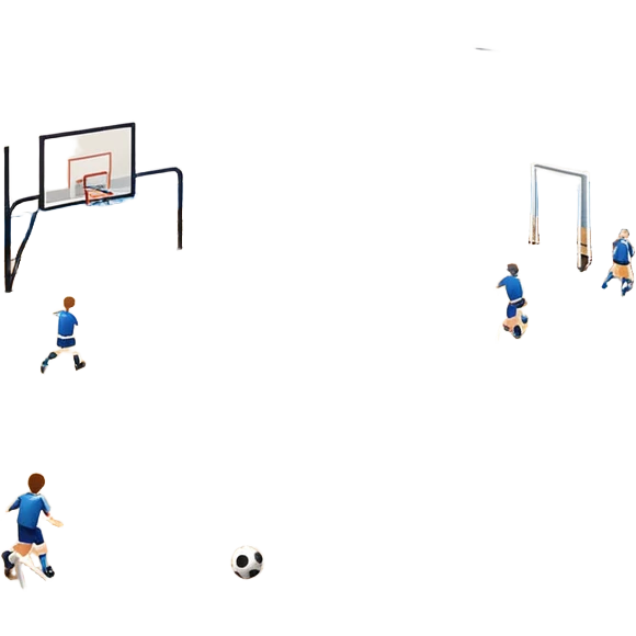A mini-football match in an indoor sports hall with a wooden floor and clear court markings. The scene captures players in action, with the ball moving towards the goal, and the surrounding bleachers and overhead lights adding to the atmosphere of a competitive game. emoji