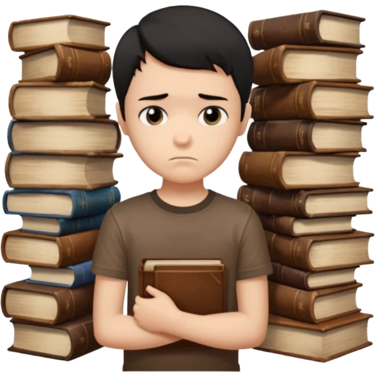 generate a pretty bratz fair skinned boy with short black hair wearing a brown tshirt surrounded by books n looking very sad emoji