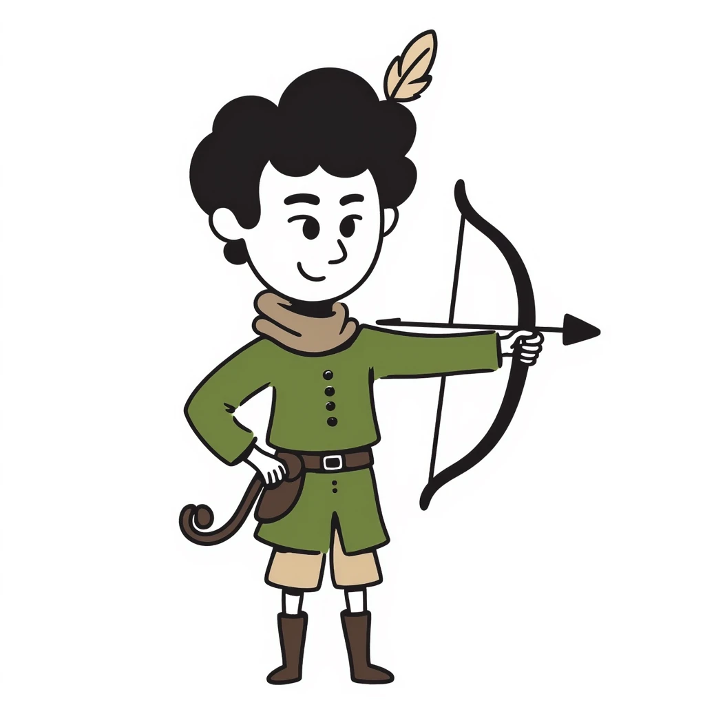 detailed hand drawn doodle of Robin Hood with classic medieval outfit and bow emoji