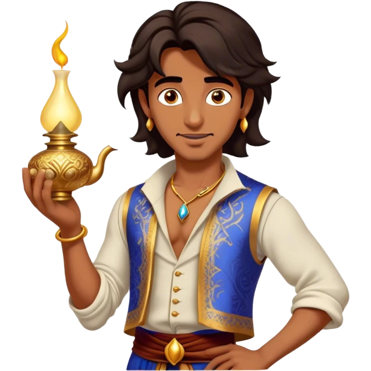 Cinematic Realistic Aladdin Portrait, depicted with lifelike, warm skin textures and a confident yet approachable gaze. His dark, wind-tousled hair frames expressive eyes full of adventure and kindness. Dressed in his iconic vest and loose trousers with intricate detailing, he holds a subtle glimmer of a magic lamp, all rendered under soft natural lighting with a radiant glow that captures his resourceful spirit. emoji