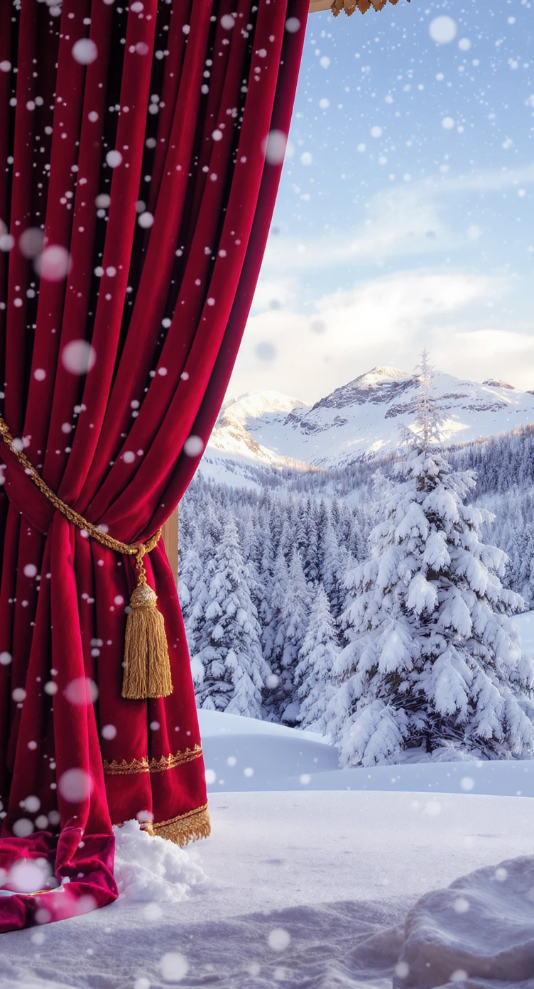 Cinematic still of a winter landcape, snowy, next to stage christmas tree in snow, in background we can see beautifull snowy landscape, soft light, symmetrical, day emoji