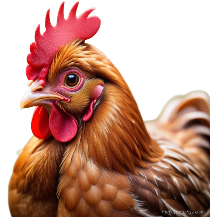 Cinematic Cute Brown Chicken Portrait Emoji, Head tilted playfully and inquisitively, featuring a lustrous brown feathered coat with a natural sheen and a subtle red comb, round, sparkling beady eyes filled with curiosity, Simplified yet irresistibly adorable features, highly detailed, glowing with a warm, friendly glow, high shine, affectionate and lively, stylized with a touch of country charm, bright and endearing, soft glowing outline, capturing the essence of a mischievous yet loving chicken, so playful it feels like it could peck out of the screen and into your arms! emoji