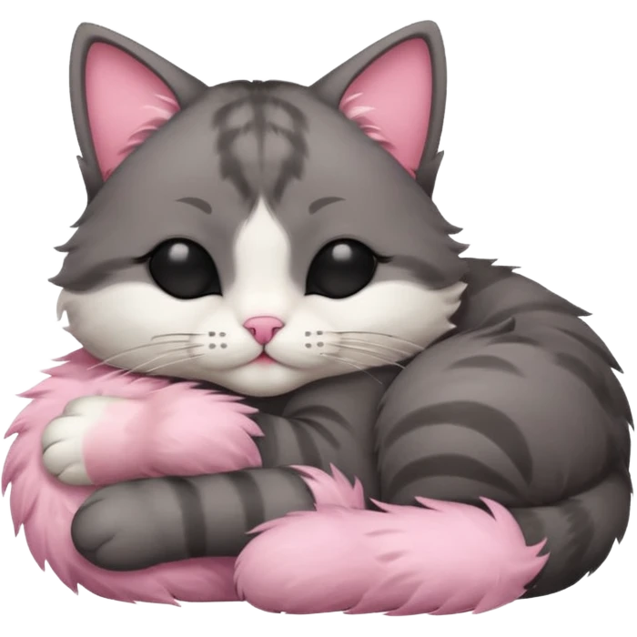 dark grey and white small cat with eyes closed, leaning his head on his paw while leaning on his elbow lying down emoji