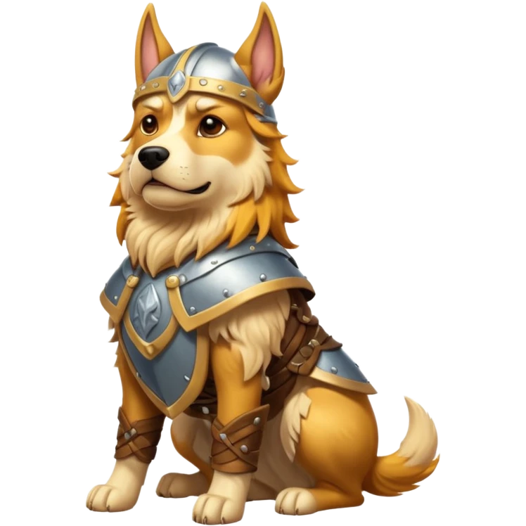 valorous Viking dog in Valhalla, detailed armor, heroic pose, glowing sky emoji