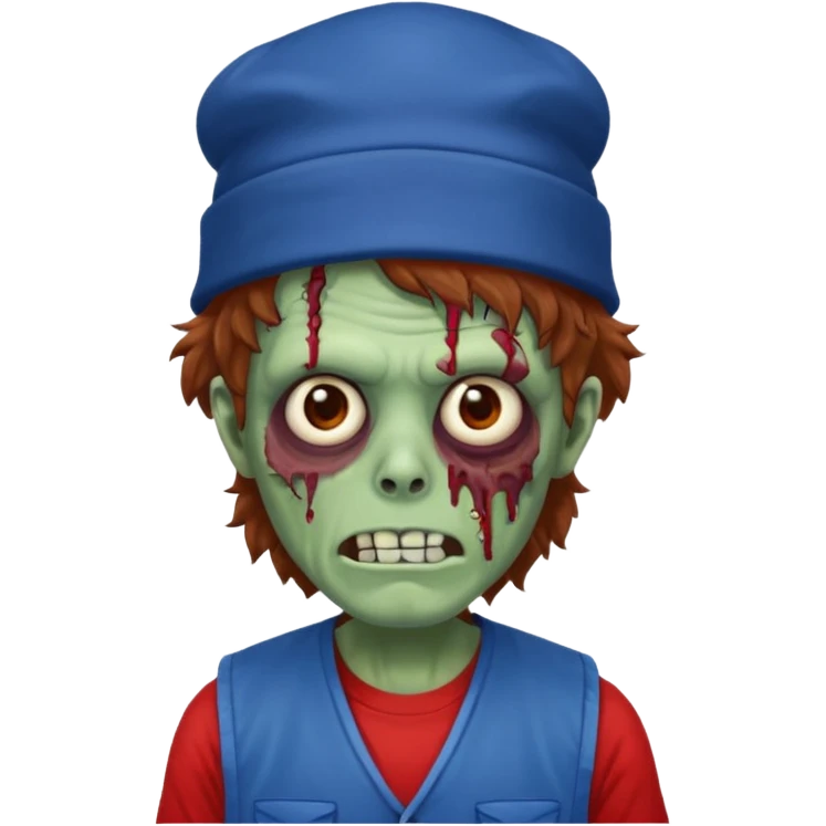 brown fluffy hair zombie with blue and white hat dark blue jilet red t shirt emoji