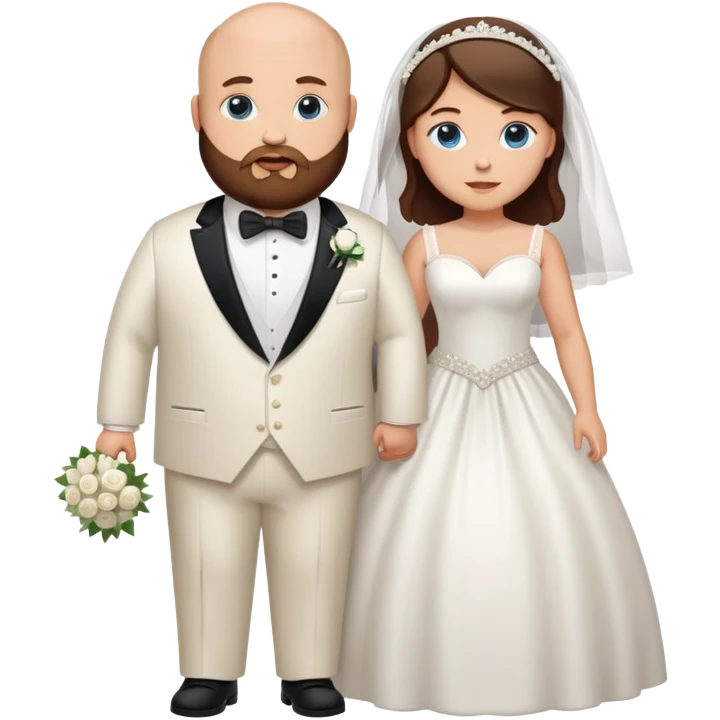blue-eyed overweight bald man with a beard in a tux and brunette brown-eyed bride emoji