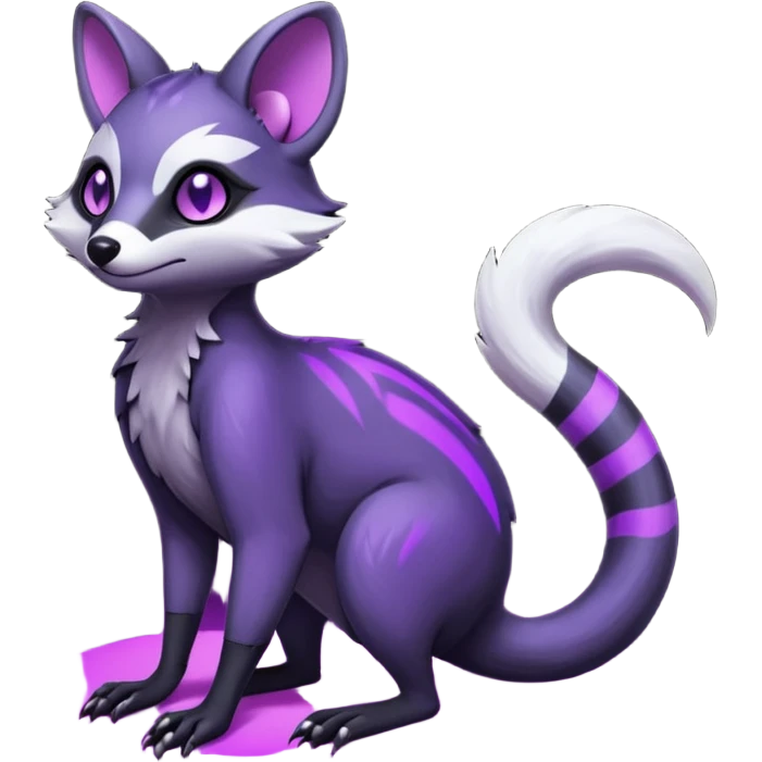 Obsidian-onyx-black and glowing neon-purple, shiny blind eyes, magical fantasy-Genet-Sentret-Marsupial-Possum-Vernid-Sergal-Fakémon-hybrid, by LiLaiRa-griffsnuff, full body emoji